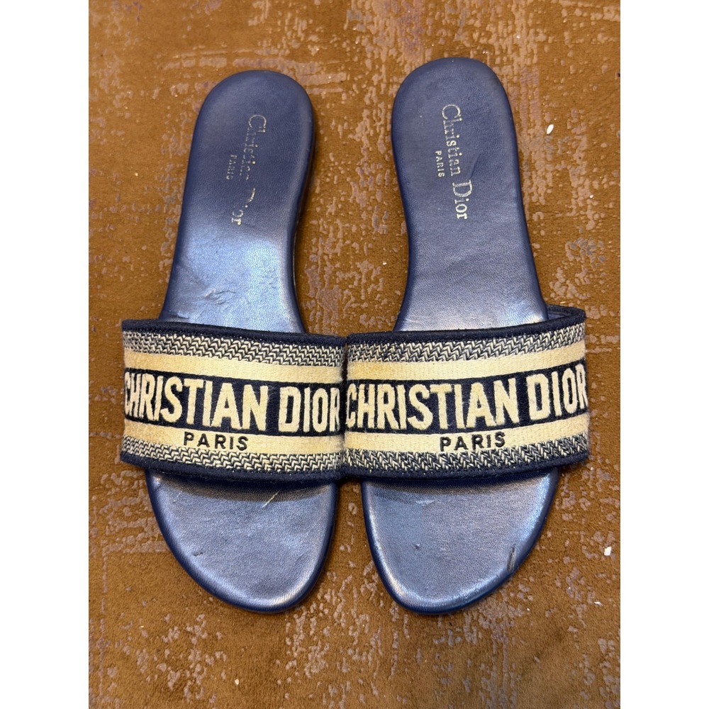 Christian Dior Dway Slide Sandals Navy Blue Embroidered Logo Flat Sandals 41